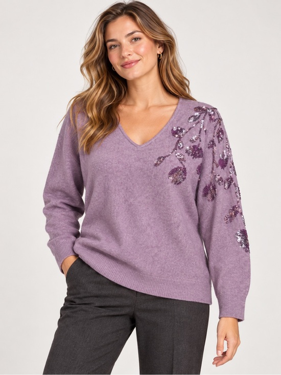 Chico's Sweaters - Chico's Lavender V-Neck Sweater with Sequin Floral Shoulder